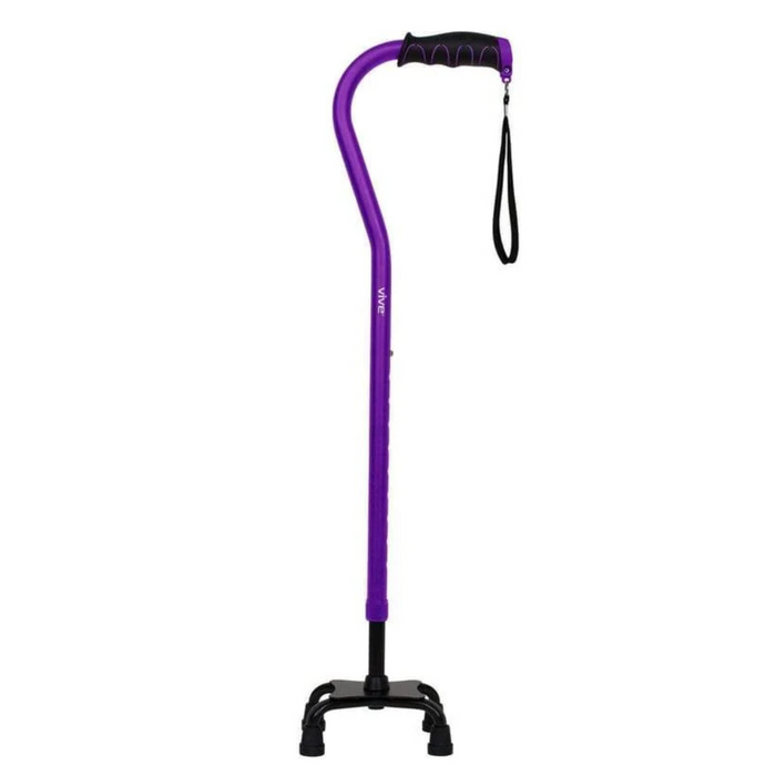 The Vive Health Quad Cane, in purple, is lightweight and height-adjustable. It features a black comfort grip handle, a wrist strap, and a base with four nonslip rubber-tipped feet for enhanced stability.