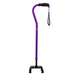 The Vive Health Quad Cane, in purple, is lightweight and height-adjustable. It features a black comfort grip handle, a wrist strap, and a base with four nonslip rubber-tipped feet for enhanced stability.