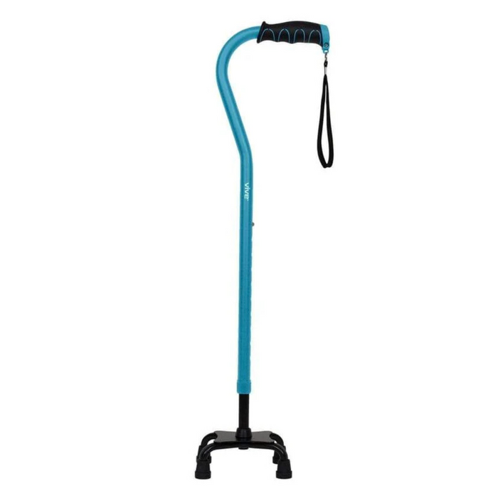 The Vive Health Quad Cane is a lightweight, height-adjustable cane in blue with a comfort grip handle and wrist strap. It includes a quad base with four nonslip rubber-tipped feet for enhanced stability.