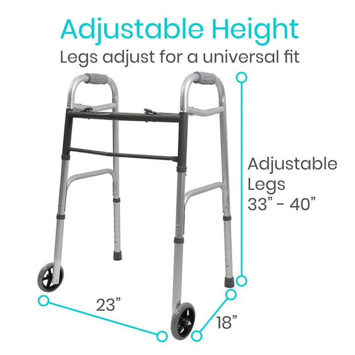 Open dimensions of the Vive Health Folding Walker with 5" Wheels with height adjustability