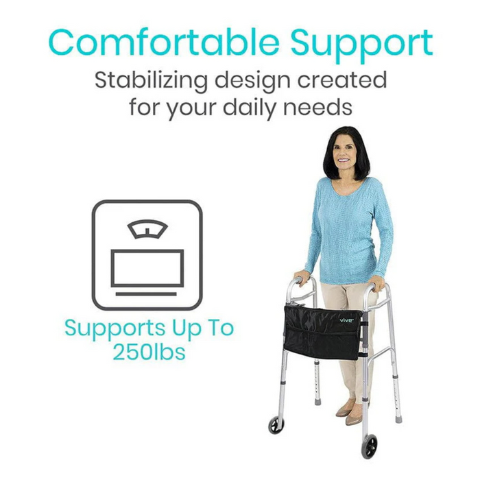 A woman uses the Vive Health Folding Walker with 5 wheels, featuring a black pouch. The design offers comfortable support with durable anodized aluminum, supporting up to 250 lbs. A scale icon highlights the weight limit. Suitable for users up to 66.