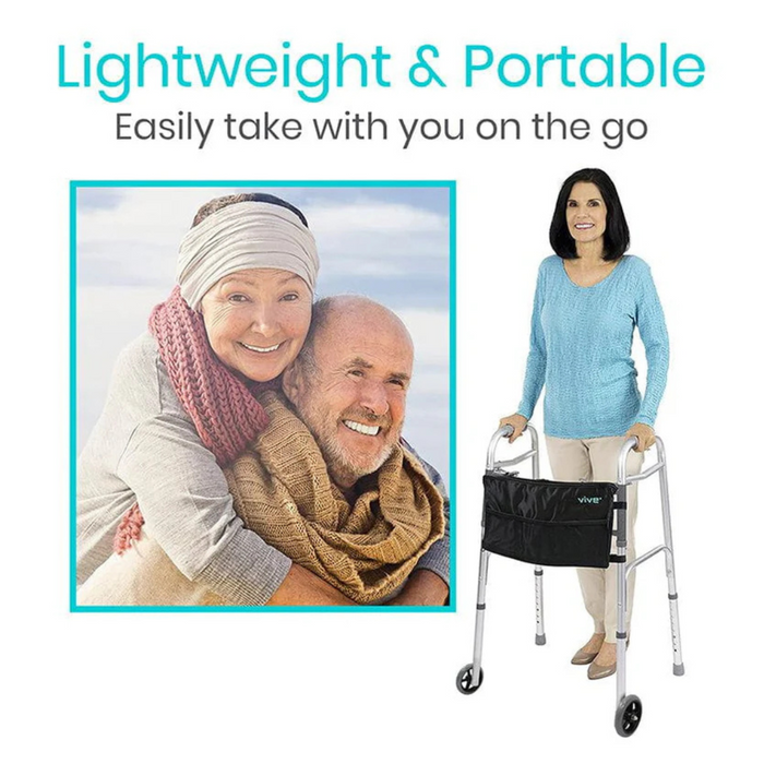 A smiling woman stands with the Vive Health Folding Walker, featuring adjustable legs, lightweight design, and a storage pouch. Nearby, an elderly couple embraces while text reads, Lightweight & Portable - Easily take with you on the go. Suitable for users up to 66.