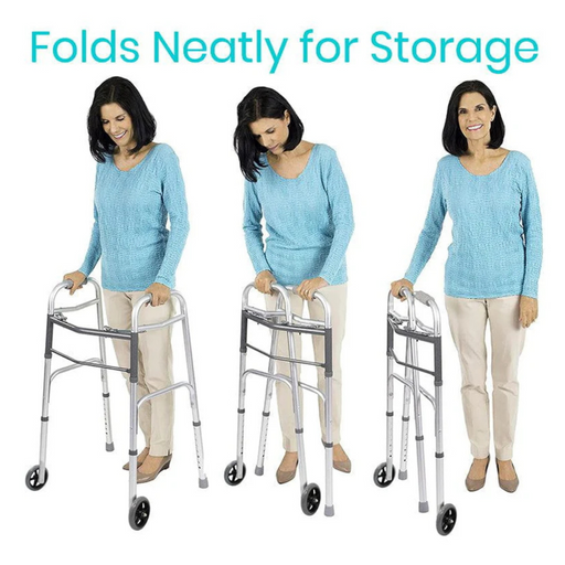 A woman in a light blue sweater and beige pants demonstrates folding the Vive Health Folding Walker with 5 wheels, made of anodized aluminum. Easily collapses in three steps. Text above reads, Folds Neatly for Storage.