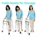 A woman in a light blue sweater and beige pants demonstrates folding the Vive Health Folding Walker with 5 wheels, made of anodized aluminum. Easily collapses in three steps. Text above reads, Folds Neatly for Storage.