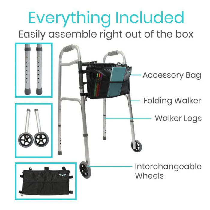 Image of the Vive Health Folding Walker with 5 Wheels, featuring anodized aluminum, an accessory bag, foldable design, and interchangeable components. Text reads Everything Included with labeled parts: accessory bag, walker frame, legs, and wheels. Fits users up to 66.