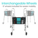 Image of the Vive Health Folding Walker with 5 interchangeable wheels, crafted from anodized aluminum for durability. It includes a black storage pouch holding various items like a turquoise notebook and a small bottle. Text reads Interchangeable Wheels. Suitable for users up to 66.