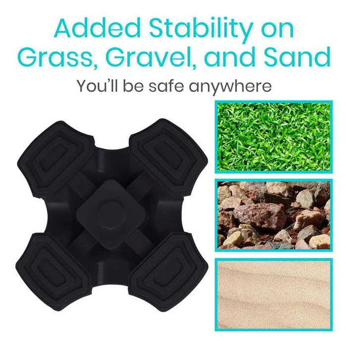 An image features the Vive Health Standing Cane Tip for 3/4 shafts, highlighting its black self-standing bases stability on grass, gravel, and sand. Side images emphasize its versatility across various terrains.