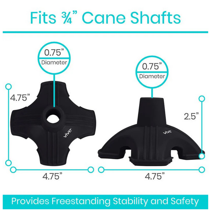 Image of two Vive Health Standing Cane Tips for 3/4 shafts, featuring a self-standing base. Measuring 4.75 inches wide and 2.5 inches tall, these black tips enhance stability and safety.