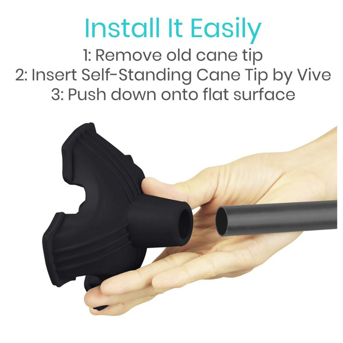 A person attaches the Vive Health Standing Cane Tip, designed for 3/4 cane shafts, onto a cane for better stability. Installation steps: 1) Remove old tip, 2) Insert the Vive Health base, 3) Push down on a flat surface to secure.