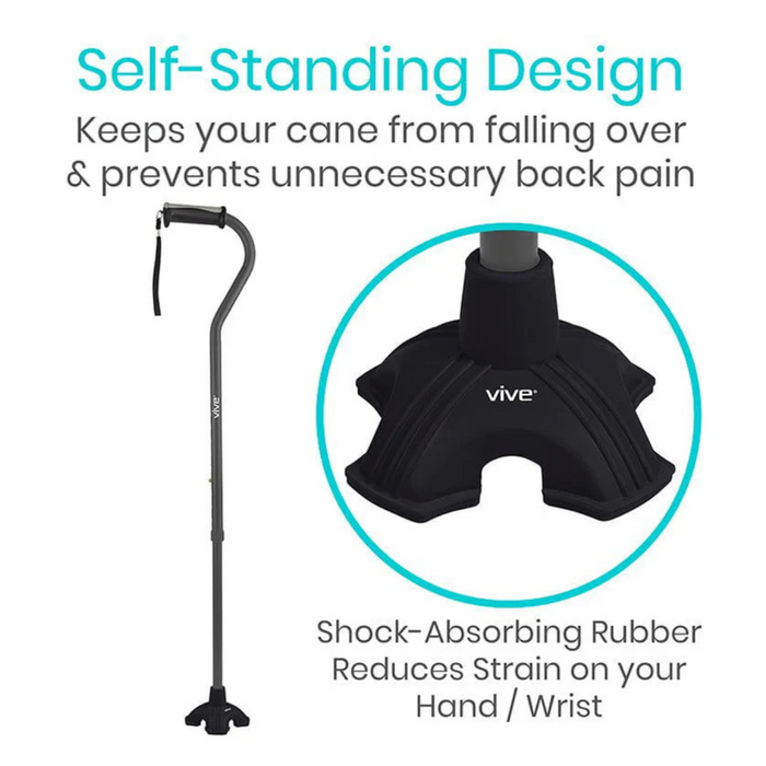 An image of a Vive Health Standing Cane Tip on a 3/4 cane shaft displays its black, shock-absorbing rubber base offering enhanced stability to prevent falls and reduce back pain. Its self-standing feature eases strain on the hand and wrist.