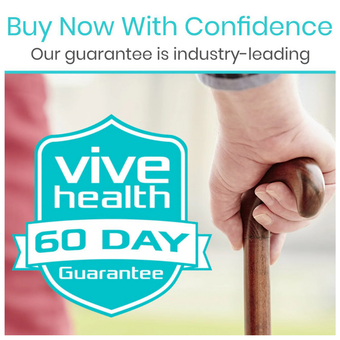 A close-up of a hand holding a cane with the Vive Health Standing Cane Tip, designed for self-standing stability. Features the Vive Health 60 Day Guarantee logo. The text above reads: Buy Now With Confidence. Our guarantee is industry-leading. Fits 3/4 cane shafts.