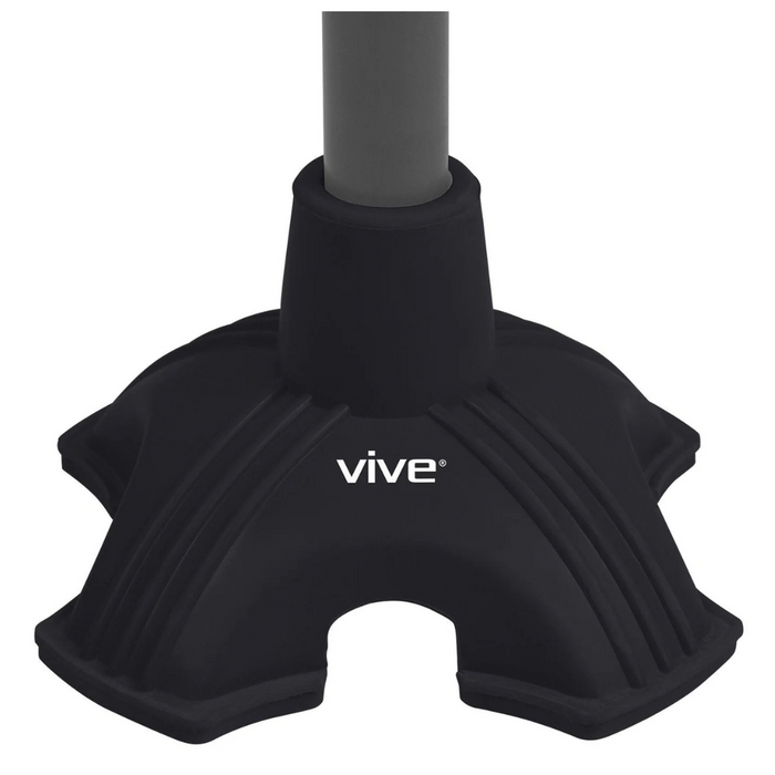 Close-up of a black Vive Health cane tip with a self-standing base, attached to a gray 3/4 shaft. It features multiple ridges for extra stability and vive in white text.