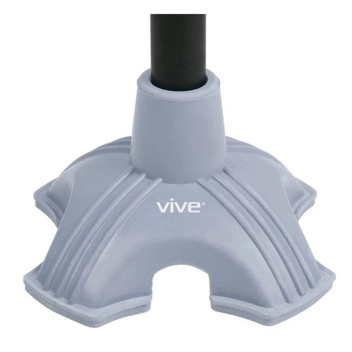 Close-up of a gray Vive Health Standing Cane Tip, designed for stability with a self-standing base and four prongs, offering exceptional support for 3/4 cane shafts.