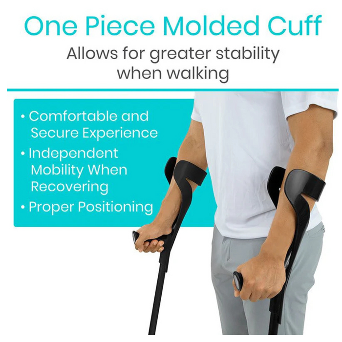 A person using Vive Health Forearm Crutches, lightweight and height adjustable with ergonomic black design and one-piece molded cuffs. Benefits include stability, comfort, independence during recovery, and proper positioning. The individual wears a white shirt and gray pants.