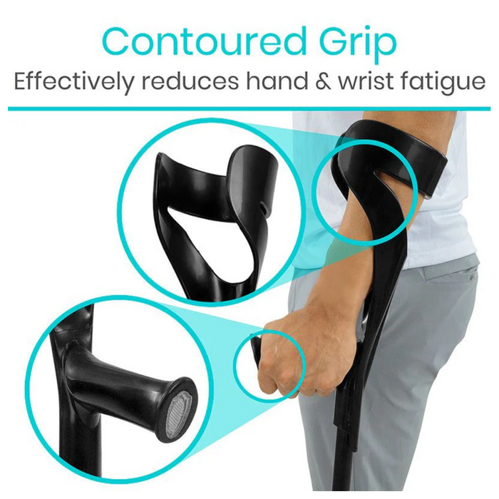 A person uses Vive Health Forearm Crutches, featuring a contoured grip for reduced hand fatigue. Close-up views show the grip and arm support, offering stability with nonslip tips. The detailed design of the black, lightweight, height-adjustable crutch ensures effective mobility assistance.