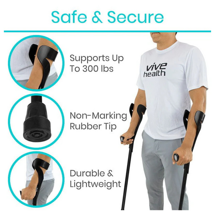 A person uses Vive Health Forearm Crutches, showcasing features like Safe & Secure, Supports Up To 300 lbs, Non-Marking Nonslip Rubber Tip, and Durable & Lightweight. Close-ups reveal nonslip tip and armrest support for reliable mobility assistance.