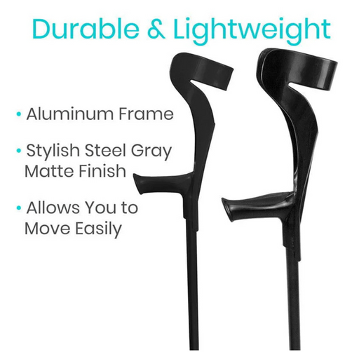 The image shows the Vive Health Forearm Crutches, featuring a sleek aluminum frame with comfy arm cuffs, a stylish steel gray matte finish, and a durable lightweight design that enhances mobility assistance.