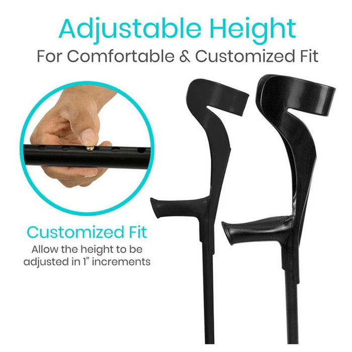 An image displays ergonomic Vive Health Forearm Crutches with a hand showing the 1 height adjustment for a Customized Fit. Features include Mobility Assistance and shock-absorbing rubber tips for better stability, enhancing comfort.