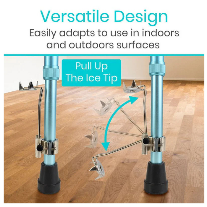 Image of the Vive Health Ice Cane Tip Attachment with a five-prong design. An arrow shows the detachable feature. Set against wooden flooring, text states: Versatile Design: Enhances stability on slippery surfaces—suitable for indoor and outdoor use by pulling up the ice tip.