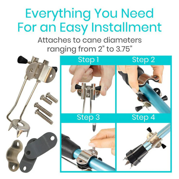 The Vive Health Ice Cane Tip Attachment installation involves four steps: assembling parts, securing the mount, attaching it to a cane, and tightening screws. With metal brackets and a five-prong design to ensure stability on slippery surfaces, it fits canes with diameters from 2 to 3.75.