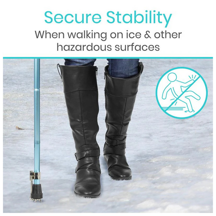 A person in black boots confidently crosses ice using the Vive Health Ice Cane Tip Attachment—a five-prong design for enhanced stability. Text reads, Secure Stability on Slippery Surfaces, with an illustration of someone slipping.