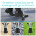 A composite image showcases the Vive Health Ice Cane Tip Attachment with a five-prong metal spike design. The top shows the cane on snow, while the bottom highlights its effectiveness on sand, gravel, and grass, emphasizing its versatility and enhanced stability on slippery surfaces.