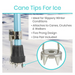 The product image features the Vive Health Ice Cane Tip Attachment with a five-prong design for stability on slippery surfaces. Compatible with canes, crutches, and walkers, it includes one pair. A blue cane adorned with this tip is prominently set against a snowy backdrop.