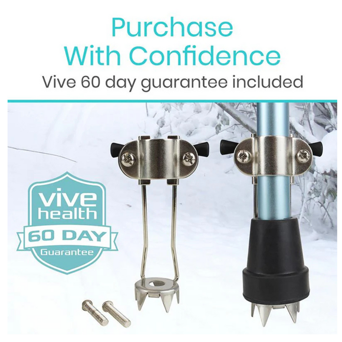 Image of a Vive Health 60-day guarantee banner with a photo of the Ice Tip Cane Attachment featuring a five-prong design for stability on slippery surfaces and two screws. Text reads Purchase with Confidence and Vive 60-day guarantee included.