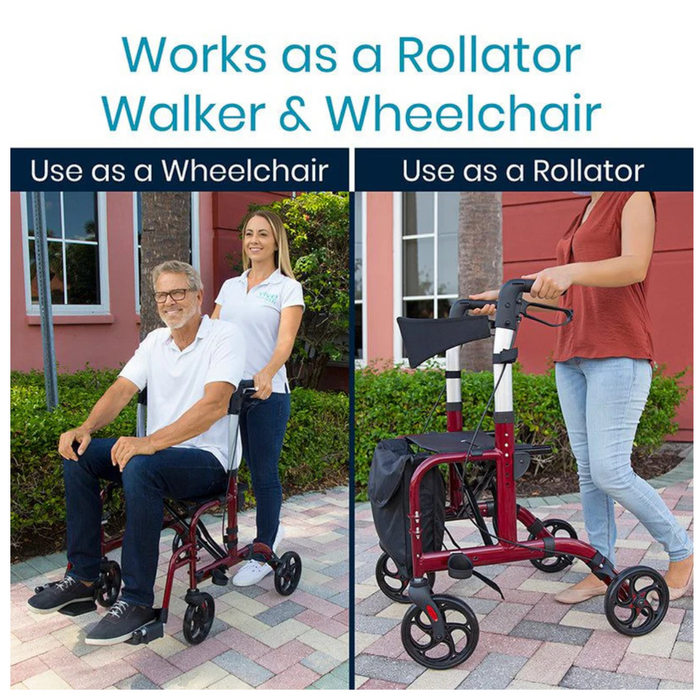 The Vive Health Hybrid 2-In-1 Wheelchair Rollator is shown in two modes. Left: A man is seated in a wheelchair, pushed by a woman. Right: It serves as a Rollator Walker for another person, highlighting its versatility as both a rollator walker and wheelchair.