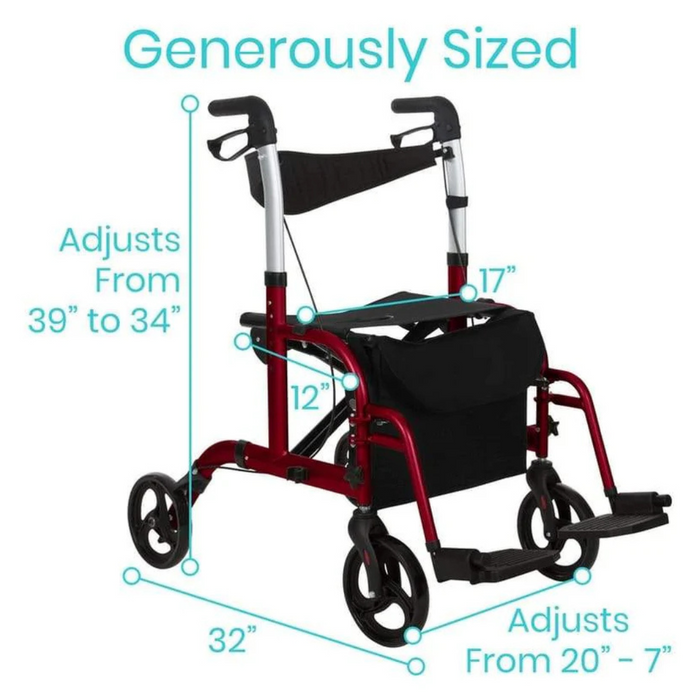 Image of a red and black Vive Health Hybrid 2-In-1 Wheelchair Rollator with adjustable features and dual braking system. Height adjusts from 39 to 34, backrest is 17, seat depth is 12, length is 32, width adjusts from 20 to 7. Text: Generously Sized with Compact & Foldable Design.