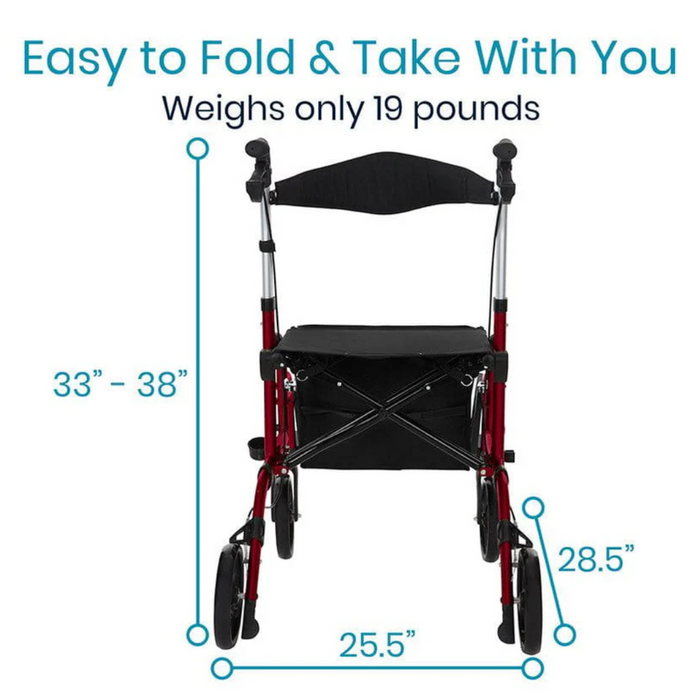 Explore the Vive Health Hybrid 2-In-1 Wheelchair Rollator, a lightweight, foldable red rollator with black seat and back support. Measuring 33-38 tall, 25.5 wide, and 28.5 deep, it weighs only 19 lbs and offers versatile hybrid rollator wheelchair functionality for easy transport!.