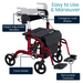 The Vive Health Hybrid 2-In-1 Wheelchair Rollator is red with a black seat and backrest, featuring height-adjustable handles, caregiver-lock brakes, a dual braking system, cane holder, removable footrests, and a foldable design. Text reads Easy to Use & Maneuver.