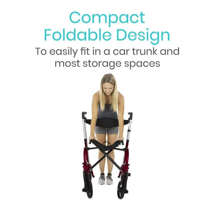 A woman demonstrates folding the Vive Health Hybrid 2-In-1 Wheelchair Rollator with its dual braking system. Text above reads, Compact Foldable Design to easily fit in a car trunk and most storage spaces.