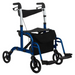 The Vive Health Hybrid 2-In-1 Wheelchair Rollator is blue with black handles and seat. It features four wheels, footrests, a foldable design, a storage pouch under the seat, and a dual braking system for support and mobility assistance.