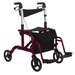 The Vive Health Hybrid 2-In-1 Wheelchair Rollator is a red and black foldable rollator with four wheels, a comfortable black seat, dual braking system, under-seat storage pouch, and footrests for transport chair use.