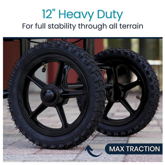 Close-up of two XL 12-inch Vive Health All Terrain Knee Walker tires, designed for maximum traction and durability on various terrains, providing stability as a crutch alternative or knee walker companion.