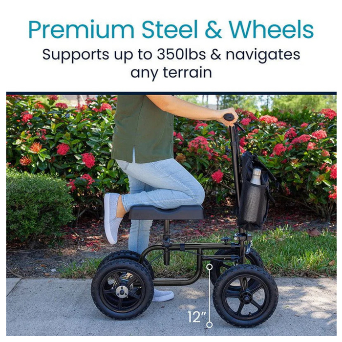 Enjoy comfort on the Vive Health All Terrain Knee Walker, a great crutch alternative featuring XL 12 tread tires and a cushioned seat. This robust steel frame supports up to 350 lbs and handles any surface effortlessly with just 12 inches of ground clearance for all your mobility needs.