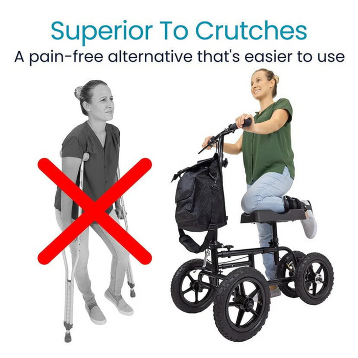 A red X crosses out a woman with crutches as another smiles on the Vive Health All Terrain Knee Walker, featuring XL 12 treaded tires. Superior to crutches: A pain-free, user-friendly alternative reads the text above.