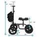 The Vive Health All Terrain Knee Walker features height-adjustable handlebars and a seat, with four XL 12 tires for rough terrain. It boasts a sturdy black frame and a handy basket, measuring 37-45.5 inches in height and 20-26 inches for seat height, offering an excellent crutch alternative.