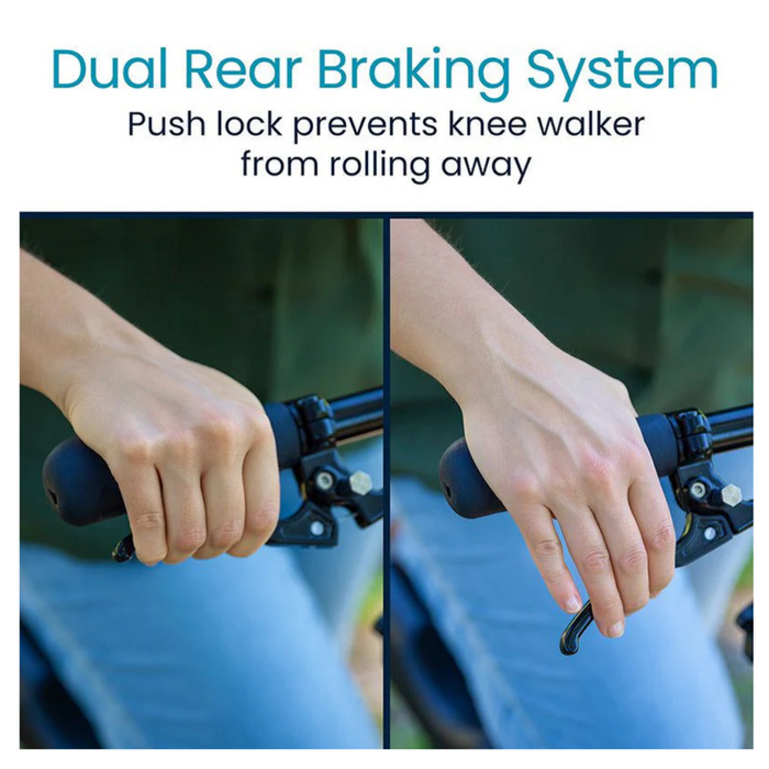 Close-up image of hands using the dual rear braking system on the Vive Health All Terrain Knee Walker - XL 12 Tires with Tread. The left hand grips the handle with a push lock, and the right releases it, showcasing easy control over this practical crutch alternative.