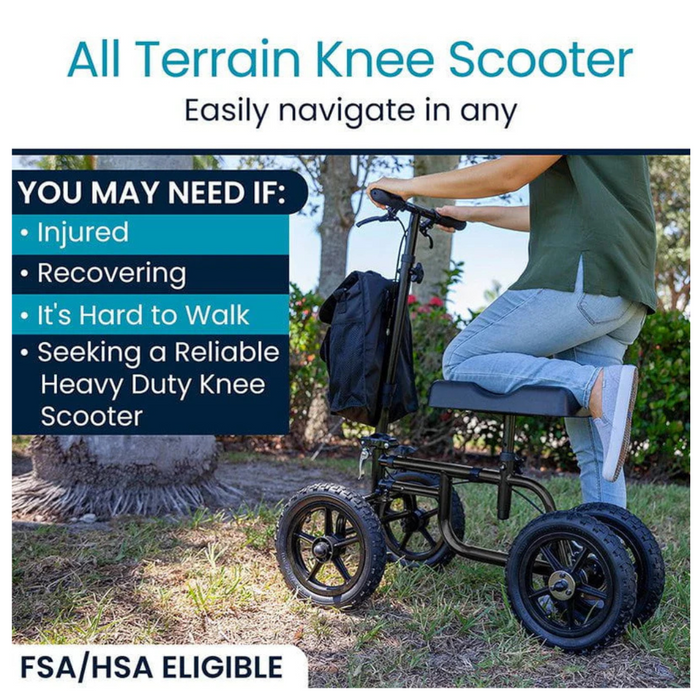 A person easily navigates grass on the Vive Health All Terrain Knee Walker - XL 12 Tires with Tread, an excellent crutch alternative for those injured or recovering. Ideal for anyone struggling to walk, its also FSA/HSA eligible for added convenience.