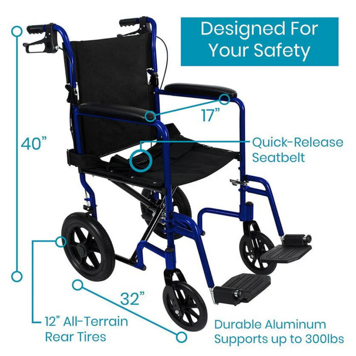 Image of a blue Vive Health Lightweight Steel Folding Transport Wheelchair with features: 40 high, 32 wide, 12 all-terrain rear tires, quick-release seatbelt, and a robust aluminum frame supporting up to 300 lbs. This lightweight design offers convenience while ensuring your safety.