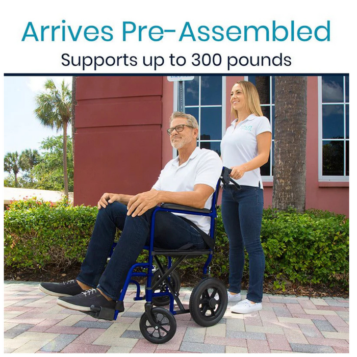 A man relaxes in a Vive Health Lightweight Steel Folding Transport Wheelchair, pushed by a casually dressed woman. They enjoy a sunny day outdoors, surrounded by greenery and buildings. The text reads, Arrives Pre-Assembled, Supports up to 300 pounds.