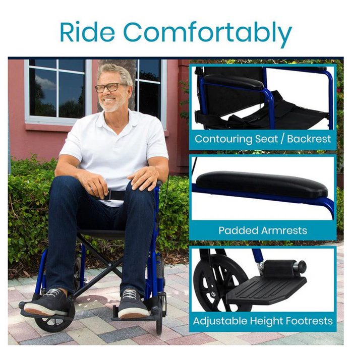 A man sits outdoors in a Vive Health Lightweight Steel Folding Transport Wheelchair, featuring a contoured seat/backrest, padded armrests, and adjustable height footrests. Near a building with large windows and greenery, he enjoys the convenience of its compact folding design.