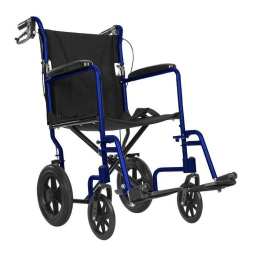 The Vive Health Lightweight Steel Folding Transport Wheelchair features a blue frame, black fabric seat and backrest, four wheels (two large rear with hand grips and two smaller front), footrests, and push handles for easy transport.