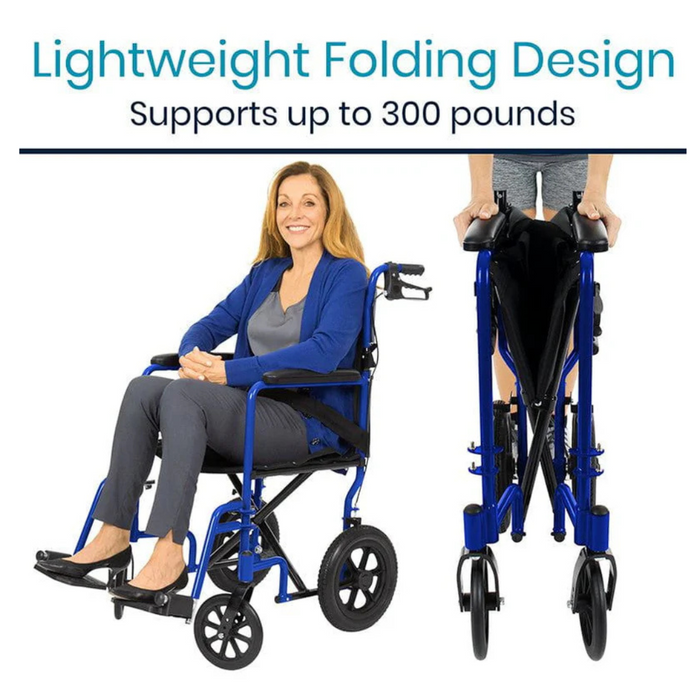 A woman sits in a Vive Health Lightweight Steel Folding Transport Wheelchair, while another person demonstrates its compact, foldable design. Text on the image reads: Lightweight Folding Design Supports up to 300 pounds.