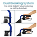 Images show the Vive Health Lightweight Steel Folding Transport Wheelchairs dual braking system: top captures a hand using the brakes; bottom shows brakes engaged for stability. Text: Dual Braking System.