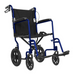 The Vive Health Lightweight Steel Folding Transport Wheelchair features a blue frame, black fabric seat and backrest, four wheels (two large rear with hand grips and two smaller front), footrests, and push handles for easy transport.