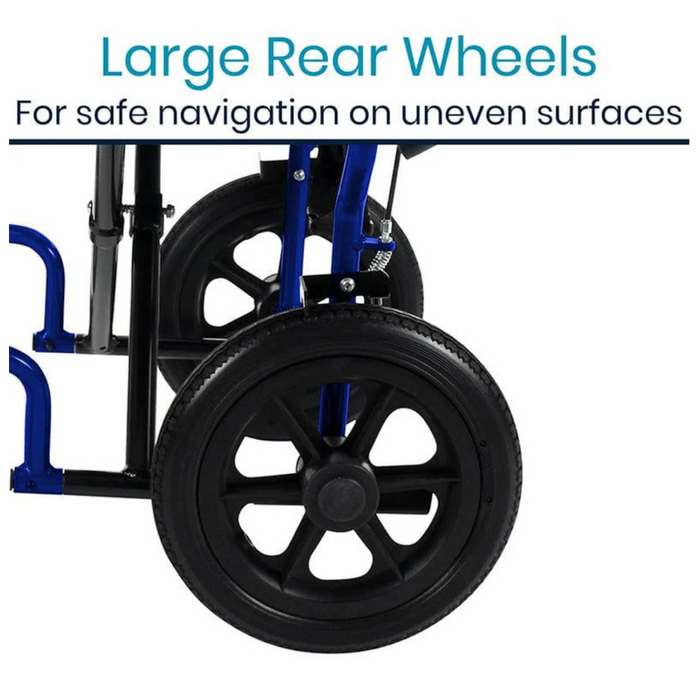 Close-up of large black rear wheels on the Vive Health Lightweight Steel Folding Transport Wheelchair, featuring a compact folding design for easy transport and secure movement on uneven surfaces.