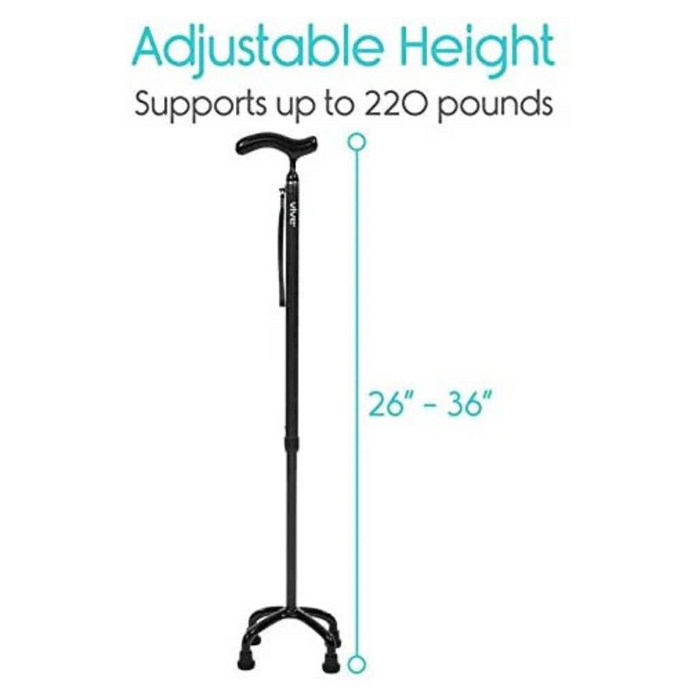 Image of a Vive Health Carbon Fiber Quad Cane in black, featuring an ergonomic grip and sturdy quad base. The height adjusts from 26 to 36 inches, supporting up to 220 pounds. Set against a white background with descriptive text highlighting its lightweight design of less than 1 lb.